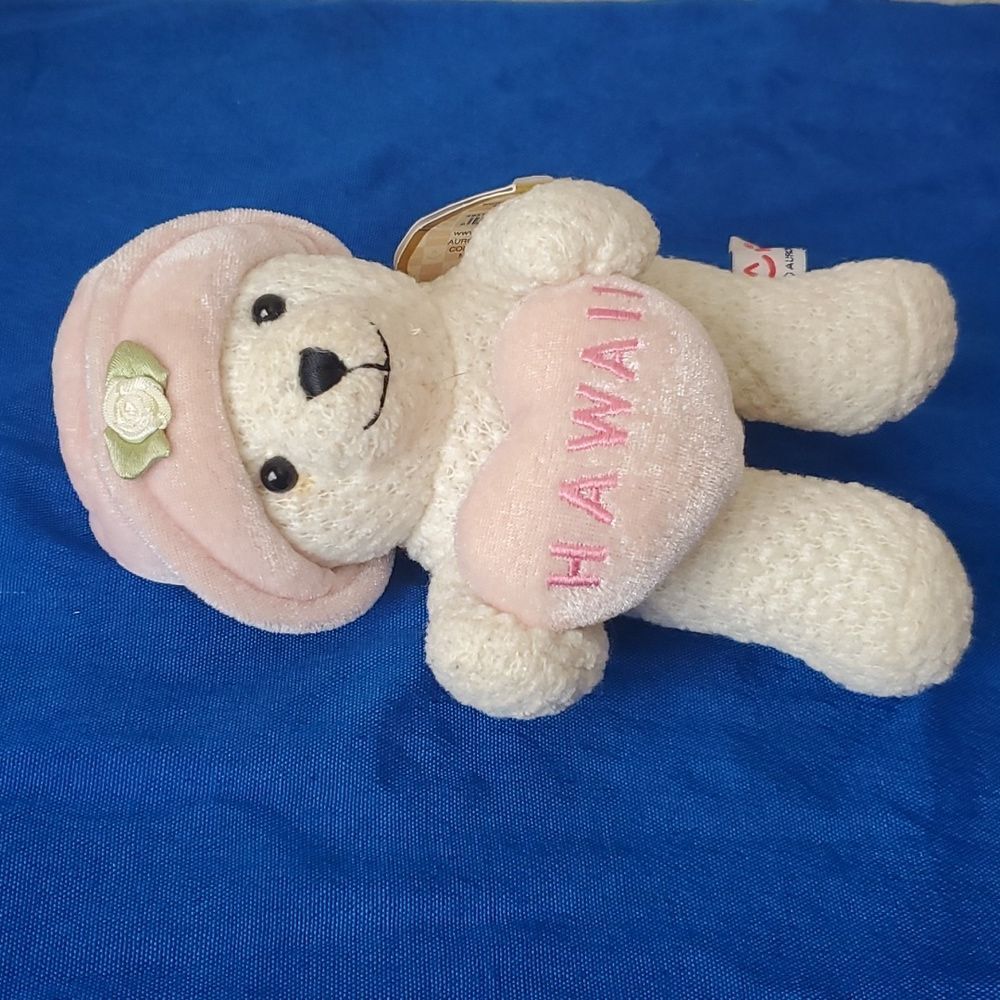 A&A Aurora Sweet Heart Teddy Bear Hawaii 7" White Waffle Weave Pink Hat Plush - Picture 4 of 12